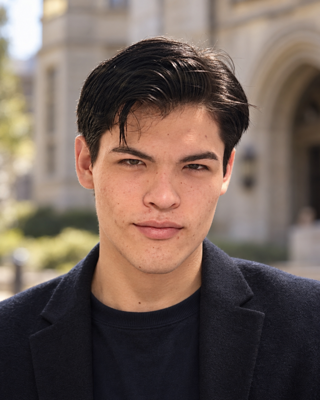 Portrait of Sergio Manghier outdoors on a college campus, wearing a dark jacket
