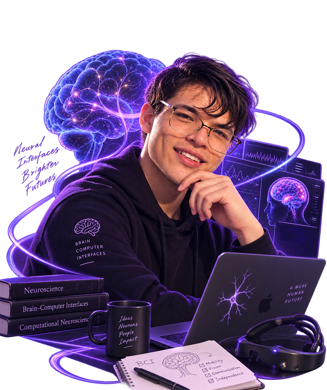Sergio Manghier at a desk with a laptop, notebook and neuroscience books, surrounded by an illustrated brain and signal traces