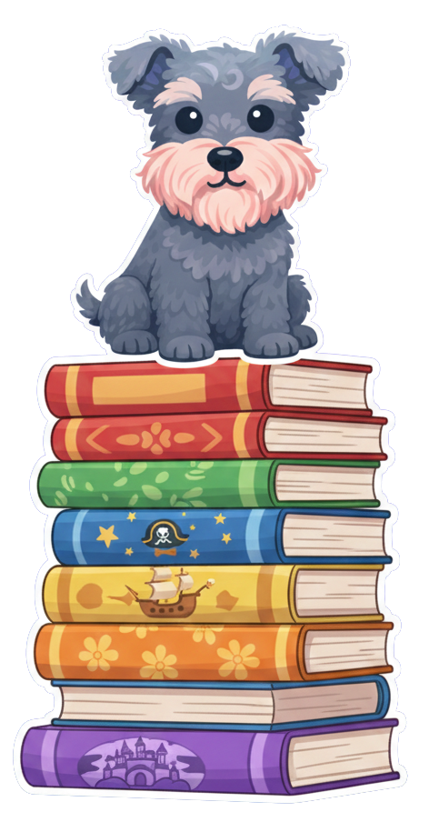 BoltLit logo: a schnauzer sitting on a stack of books